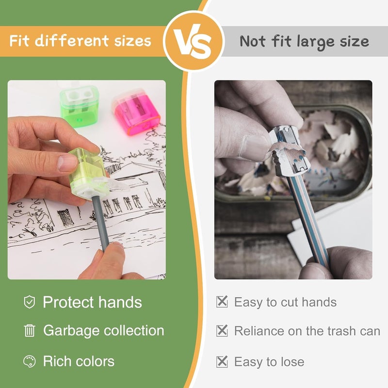 JEFURE 48 Pcs 2 Holes Small Manual Pencil Sharpener with Lid, Colored Handheld Dual Hole Pencil Sharpeners Bulk, Crayon Colored Pencils Sharpener, Pencil Sharpener for Kids, Office, School, Classroom - Image 3